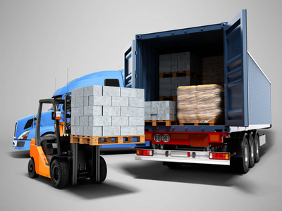 現代貨物裝卸技術 卡車、拖車、建筑材料與橙色叉車的3D實踐